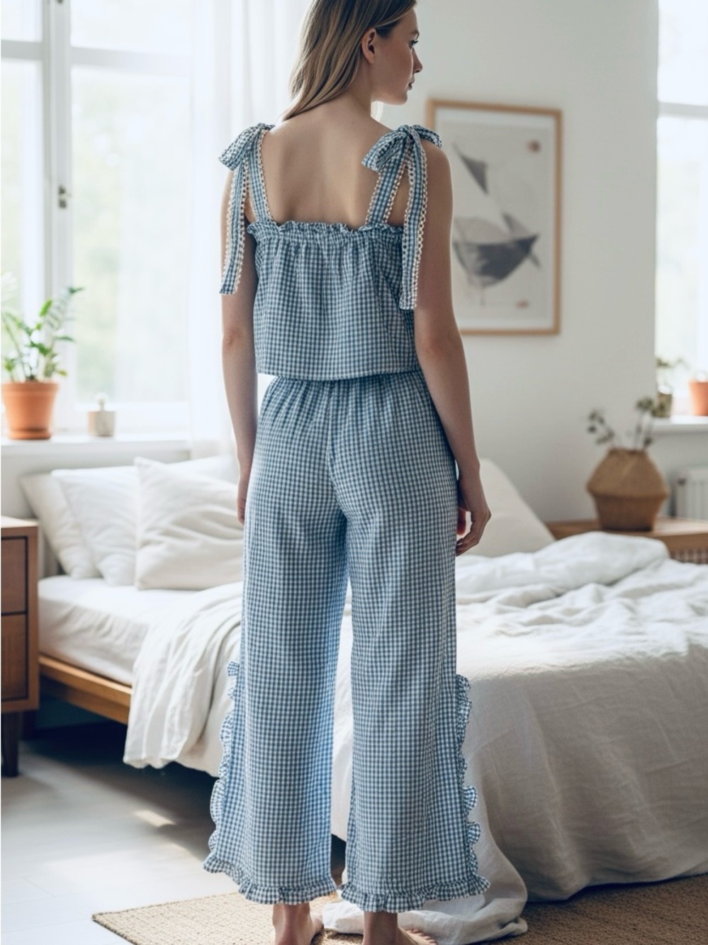 Gingham Wide-Leg Lounge Set in Light Blue NWOT - Picture 2 of 7